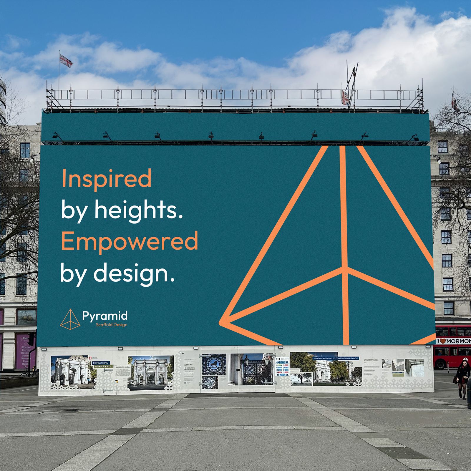 Pyramid Scaffold Design banner on scaffolding